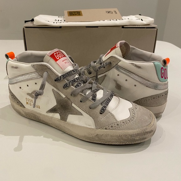 Golden Goose Mid Star Sneaker in White/Ice/Turquoise sz 38 New in Box - Picture 12 of 14
